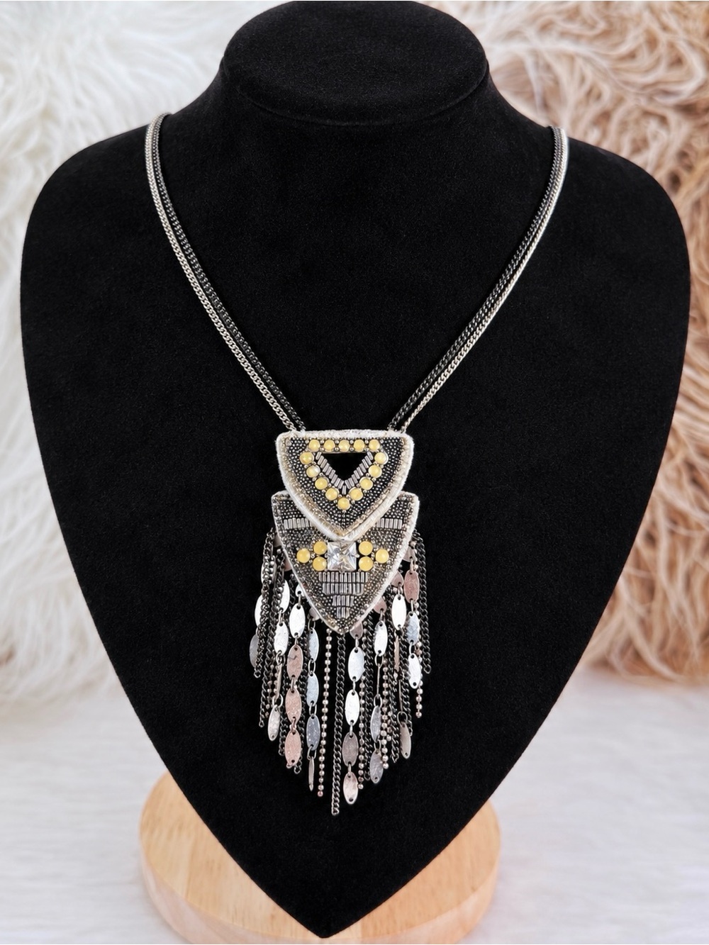 Boho Tribal Fringe Statement Pendant Long Mixed Metal Necklace